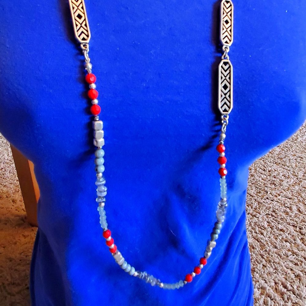 38" Silver Tone Long Color Beaded Necklace Simple